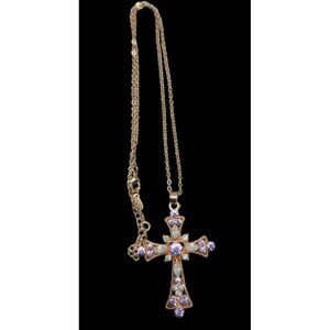 Sparkling Purple Rhinestone & Faux Opal Cross Pendant Necklace 19" Gold Plated